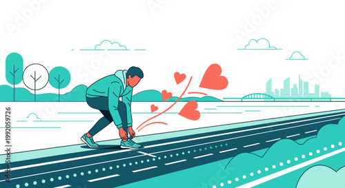 Man Tying Running Shoes with Hearts, Cityscape Background, Healthy Lifestyle Concept