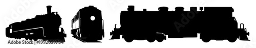 Train engine set with black silhouette on white background featuring locomotive, train, silhouette with graphic and illustration