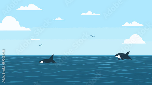 A serene oceanic scene features two whales in the water under a cloudy blue sky