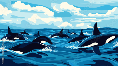 Digital illustration of orcas swimming in a blue ocean under a cloudy sky