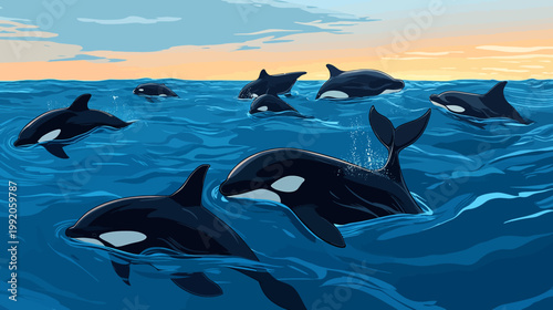 Pixelated illustration depicting a pod of orcas swimming in the ocean under a sunset sky