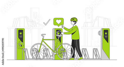 Man using bike sharing station, eco-friendly urban transport concept