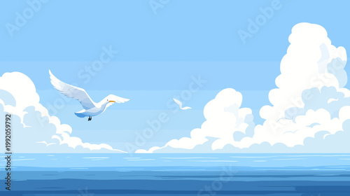 Pixelated illustration of a serene seascape with flying seagulls, fluffy clouds, and a bright blue sky