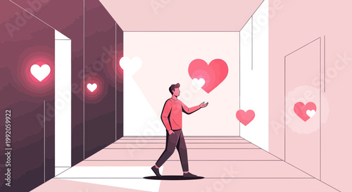 Man walking in a modern hallway with glowing hearts, digital love concept