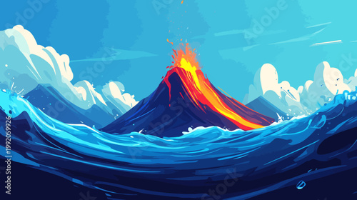 A stylized illustration of a volcanic eruption, with fiery lava flowing into a turbulent ocean