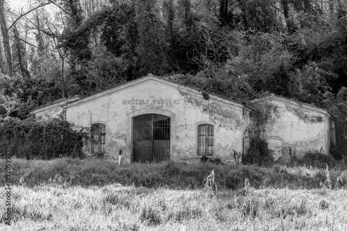 The now-abandoned public slaughterhouses of Fauglia, Pisa, Italy, in black and white