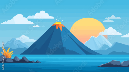 A pixel art landscape featuring an erupting volcano, mountains, clouds, and a sunrise