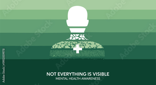Mental health awareness, green background, visible silhouette, psychology concept, invisible illness