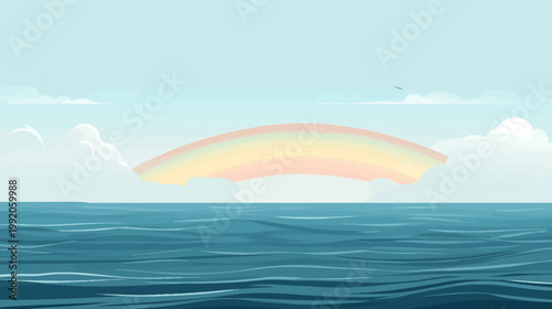 A serene seascape depicts a rainbow arching over ocean waves under a pastel-colored sky