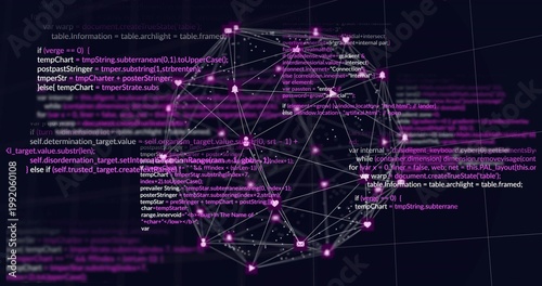Glowing spherical 3D network graph rotating in virtual space, with magenta nodes and code overlays