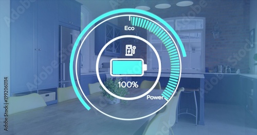 Displaying circular battery HUD hovering over kitchen and dining area, showing 100% Eco Power