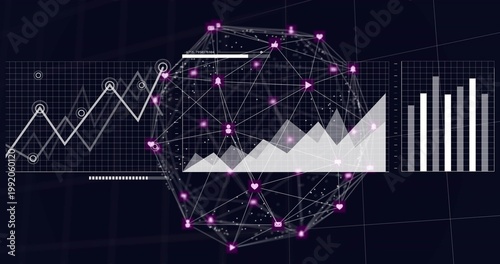 Displaying wireframe sphere pulsing with pink nodes on dark UI, area overlay left chart right bars