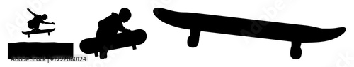 Skateboard set with black silhouette on white background featuring skateboard, silhouette, black, white, monochrome with graphics and design