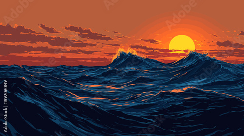 Pixelated artwork of ocean waves under a vibrant sunset with clouds, creating a scenic vista