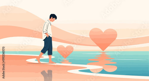 Man walking on beach with heart reflection, symbolizing love, loss, or memory