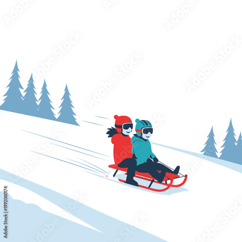 スキー用具を身につけた二人の子供が雪の斜面を滑っている様子。