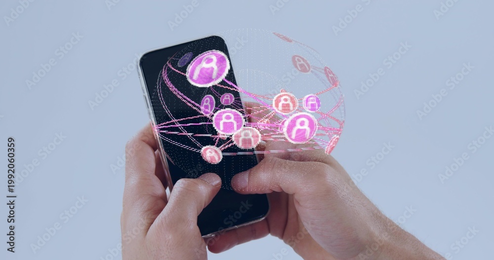 Fototapeta premium Holding black smartphone, adult hands interacting at studio, displaying holographic network globe
