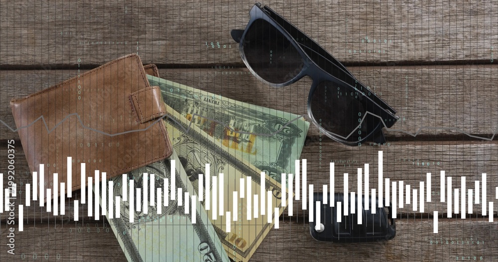 Fototapeta premium Showing bifold wallet revealing US bills on wood table, with shades phone and waveform code overlay