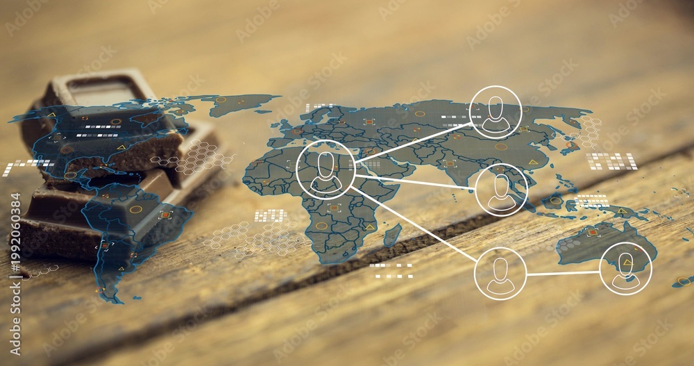 Fototapeta premium Projecting thin world map overlay across wood table, with dark chocolate stack and user nodes