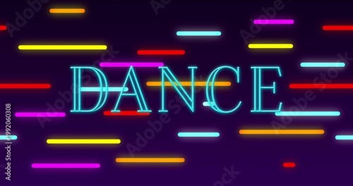 Neon word DANCE pulsing while glowing bars reacting to rhythmic beat for nightlife poster