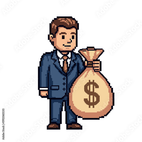 スーツを着た男性が大きな金銭袋を持ち、ビジネスや金銭に関するイメージを表現している。