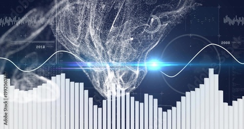 Swirling central white particle plume moving through dashboard showing bar chart, blue lens flare