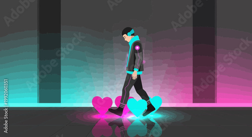 Man Walking on Digital Hearts in Neon Cyberpunk Cityscape with Glitch Effect