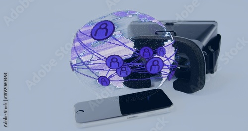 Hovering holographic globe showing purple user icons above pale blue table, VR headset, smartphone