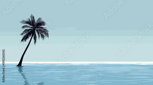 Minimalist coastal scene silhouetted palm tree in the ocean under a pale blue sky