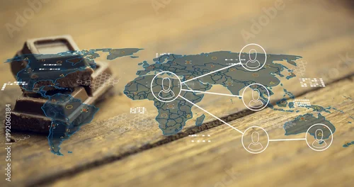 Fototapeta Projecting thin world map overlay across wood table, with dark chocolate stack and user nodes