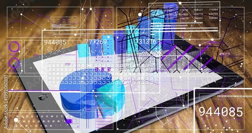 Fototapeta Displaying tablet computer showing map overlays, blue pie chart and virtual keyboard on wood desk