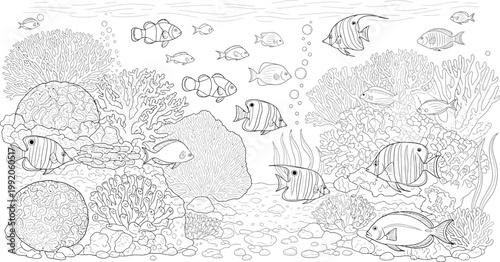 Intricate black and white coloring page showing many diverse tropical fish swimming around beautiful coral reefs in the deep ocean