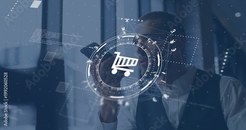 Holding exec in white-shirt and dark-vest, checking smartphone in office hologram shopping HUD