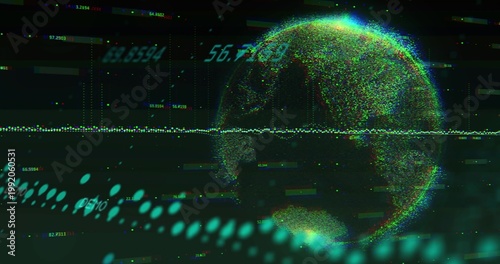 Rotating digital particle globe displaying scan line in HUD, plus teal arc and numeric readouts