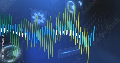 Showing multicolor waveform bars across center in deep-blue UI, with HUD radar, audio, grid, flares