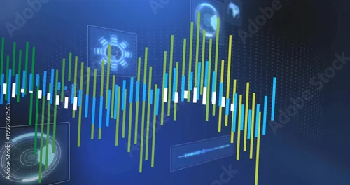 Fototapeta Showing multicolor waveform bars across center in deep-blue UI, with HUD radar, audio, grid, flares
