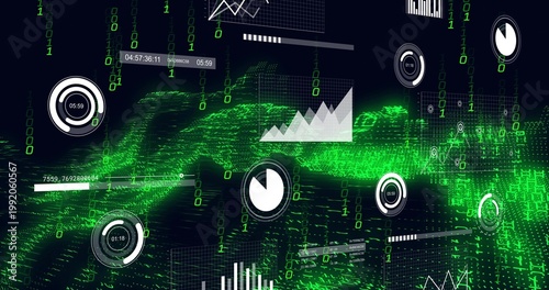 Streaming green waveform centered on dashboard with pie dial, showing binary digits