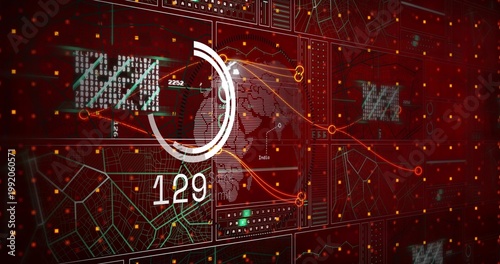 Displaying central circular gauge showing 129 on data display, with dotted globe and route lines