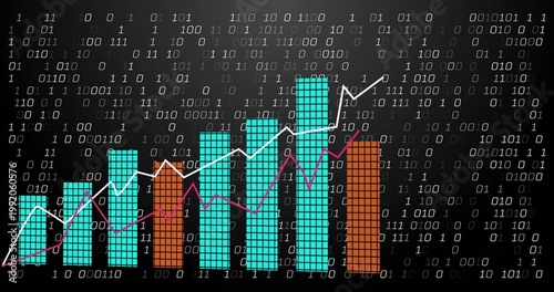 Showing turquoise orange bars tracing upward trend on binary dashboard, showing white magenta lines