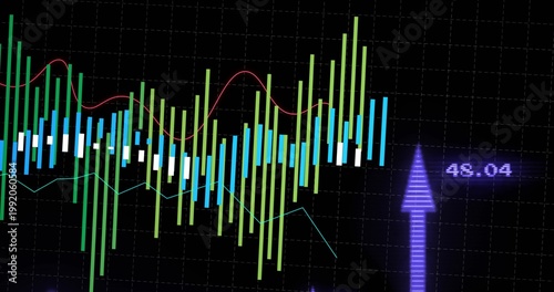 Displaying candlestick chart with red and cyan trend lines on dark grid, purple arrow 48