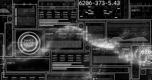 Displaying tiled dashboard cluster on dark field, showing circular gauge, numeric readouts, binary