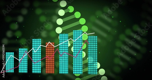 Displaying data chart combining teal grid bars orange bar, magenta and white lines over DNA helix