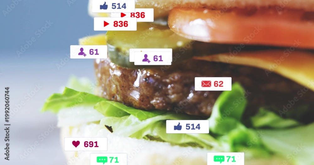 Fototapeta premium Showing hamburger sitting in studio, highlighting sauce, lettuce, beef patty and social badges