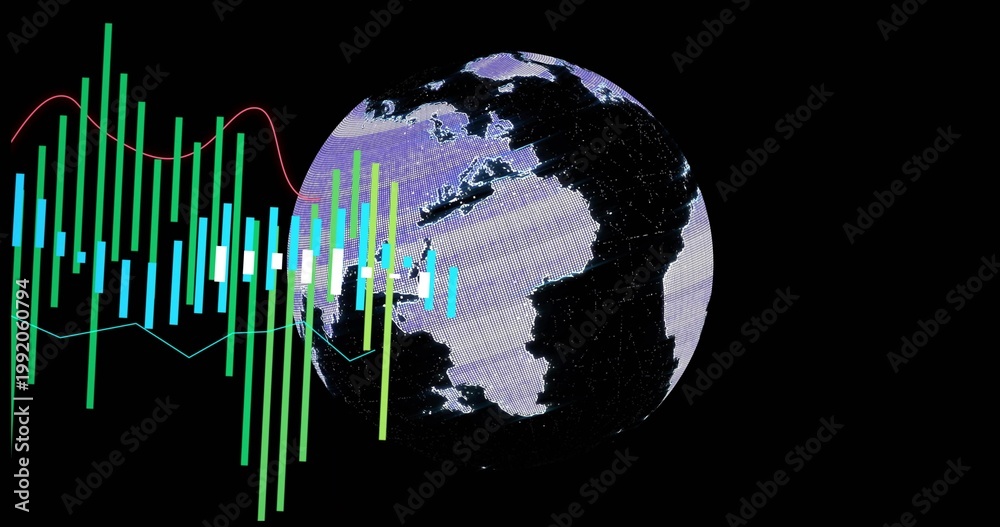 Fototapeta premium Displaying pixelated Earth globe glowing on right in data display, with neon bars and waveforms