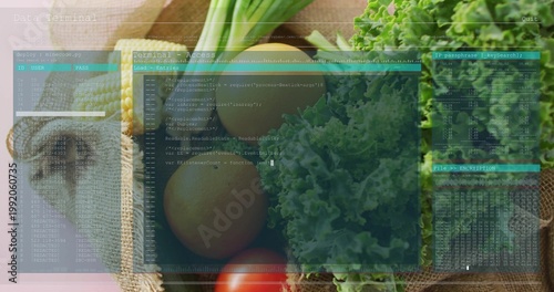 Showing login prompt, terminal overlaying kale, tomato, onion in burlap sack on table for inventory