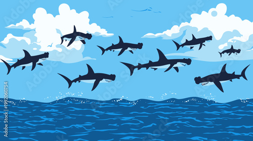Digital illustration of multiple hammerhead sharks swimming in the ocean. Blue sky, clouds