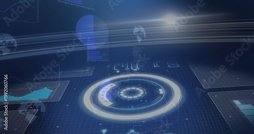 Pulsing central hologram radar interface showing concentric rings, arcs and panels on virtual grid