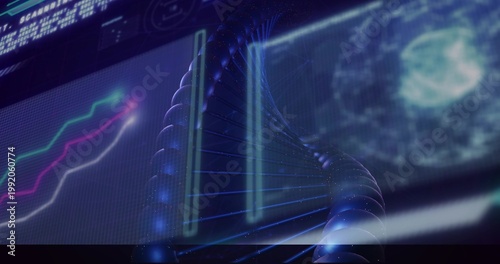 Rotating holographic 3D DNA helix updating after incoming data feed at lab for genetic analysis