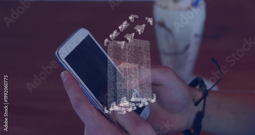 Projecting 3D hologram, male hands in short sleeves holding smartphone above wooden table, bracelet