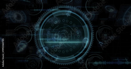 Displaying central HUD pulsing on dark grid UI, showing rings, fingerprint and horizontal flare